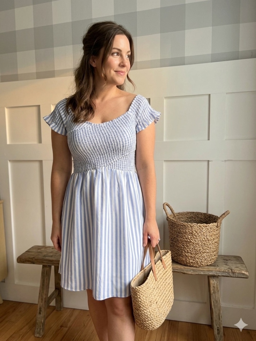 Aakaa Cream Off-Shoulder Smocked Summer Dress Small‎